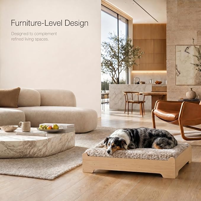 Elevated Wood Dog Bed Frame with Foam Mattress, WoodPattern, M | Raised Dog Bed with Washable Cover, Furniture-Style Design for Indoor Living