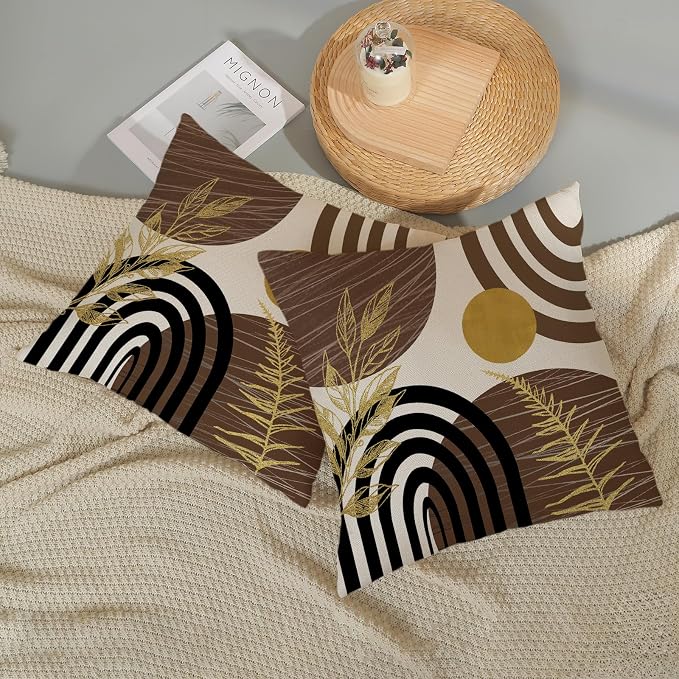 Boho Brown Pillow Covers 18x18 Set of 2 Brown Gold Leaf Tropical Decor Mid Century Throw Pillows Outdoor Bohemian Decorative Pillowcase Farmhouse Abstract Modern Cushion Case for Couch Sofa
