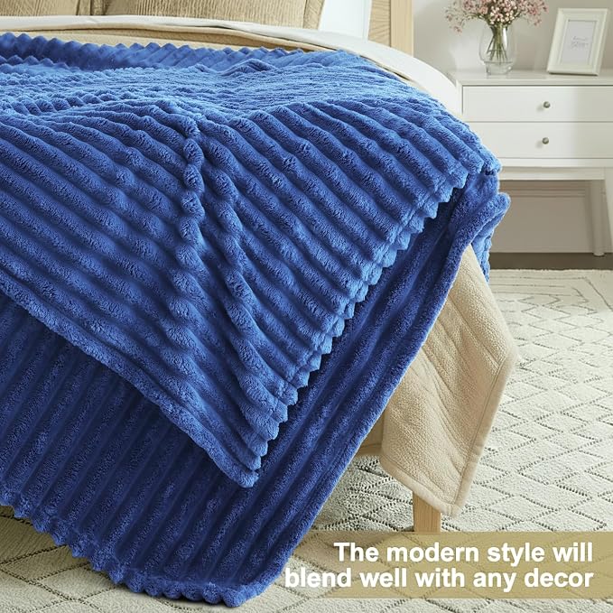 decorUhome Navy Blue Fleece Throw Blanket 50x60 Inches | Soft Couch Cozy Fluffy Plush Flannel Striped Blanket for Sofa Bed, Lightweight Decorative Ribbed Fuzzy Blanket for Woman