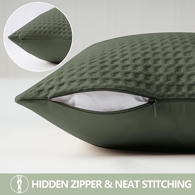 100% Egyptian Cotton 600 TC Waffle Weave Throw Pillow Covers 2 Pack | Ultra Soft Breathable Euro Pillow Shams Covers, Decorative Cushion Covers for Bed Couch Sofa Car, Olive Green, 20" x 20"