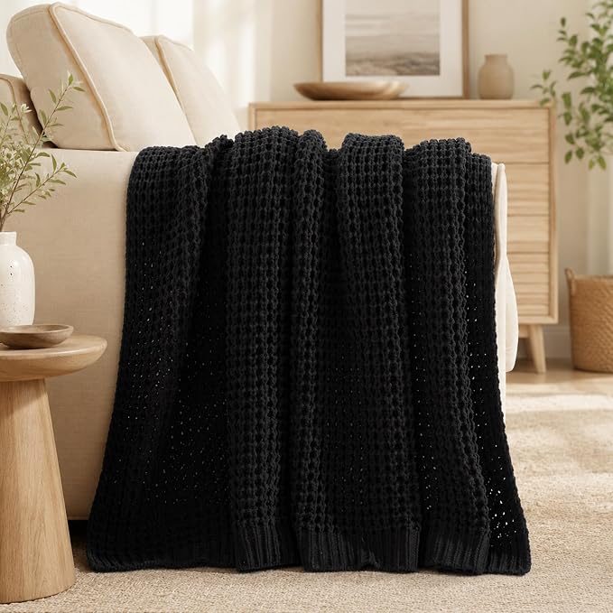 Waffle Knit Throw Blanket, Black Chenille Throw Blanket for Couch 50"x60" | Cozy Stylish Chunky Knitted Blanket, Ideal for Bed Sofa Men Home Decor,Modern Farmhouse Waffle Knit Texture