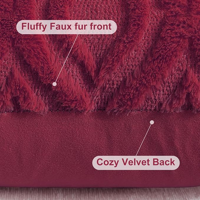 decorUhome Faux Fur Plush Soft Burgundy Throw Pillow Covers 16x16 Set of 2 | Plush Solid Fall Couch Pillow Covers, Accent Modern Farmhouse Neutral Decorative Square Pillow Cases for Sofa Bed Living Room