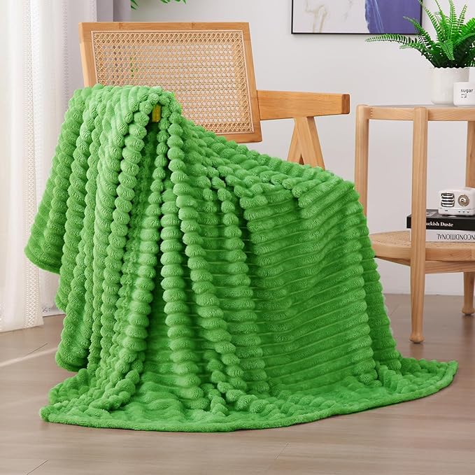 Bright Green Fleece Throw Blanket 60”×80” for Couch Sofa Livingroom | Super Soft Cozy Plush Microfiber Flannel Bed Blanket Striped Design Lightweight Home Decor Gifts for Adults Mom Women