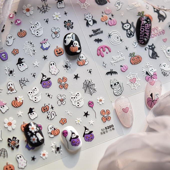Halloween Nail Stickers for Nail Art, 5D Embossed Self-Adhesive Nail Decals Ghost Flower Spider Wed Nail Supplies Nail Art Design Accessories for Women and Girls Manicure DIY Decoration