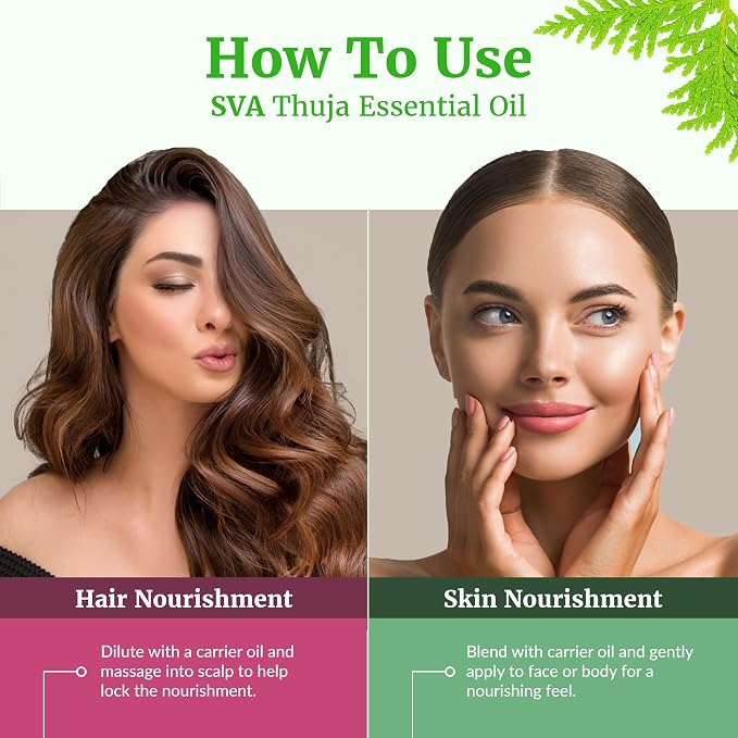 SVA Thuja Essential Oil 1 Fl Oz – for Diffuser, Skin & Hair Care – Ideal for Massage & DIY Blends - with Dropper