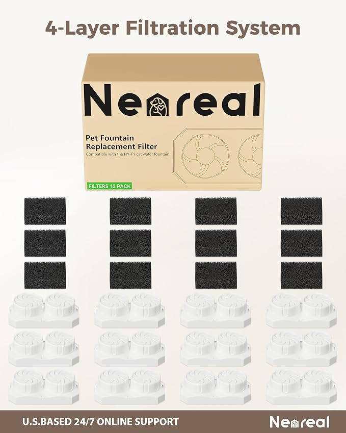 Neareal Official 12-Pack Replacement Filters for 74oz/2.2L Pet Fountain | Replacement Set Includes 12 Filters and 12 Pre-Filter Sponges, Replace Every 1–2 Weeks