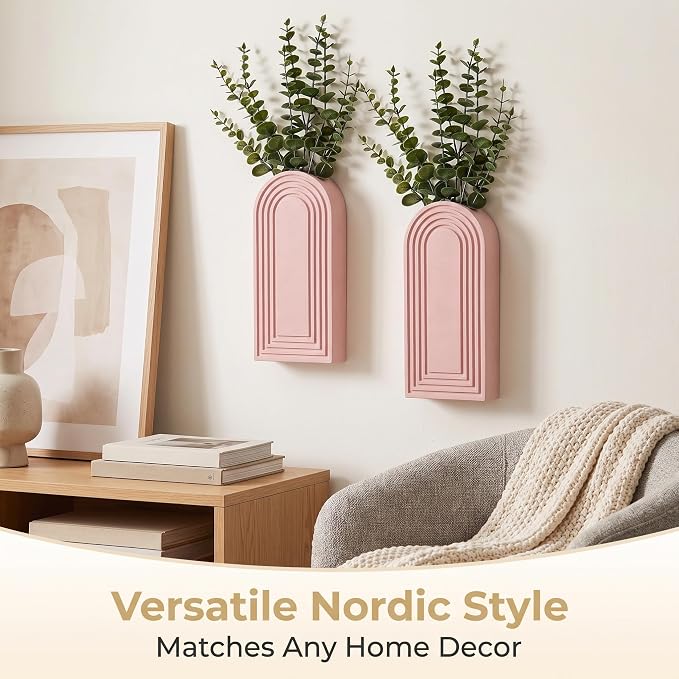 Dnnnii 2 Pack Wooden Wall Vase Set - Pink Finish Modern Farmhouse & Boho Wall Decor for Entryway, Hallway, Bathroom, Living Room, Dining Room, Narrow Spaces