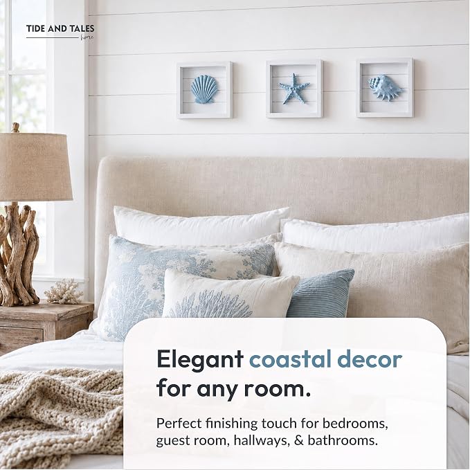 Tide and Tales 3D Coastal Wall Art, Beach Wall Decor, Framed Set of 4, Blue | 7" x 7", Textured 3d Seashells, Wall Decoration for Bathroom, Bedroom or Beach House, Lightweight, Hand Painted, Gift Boxed