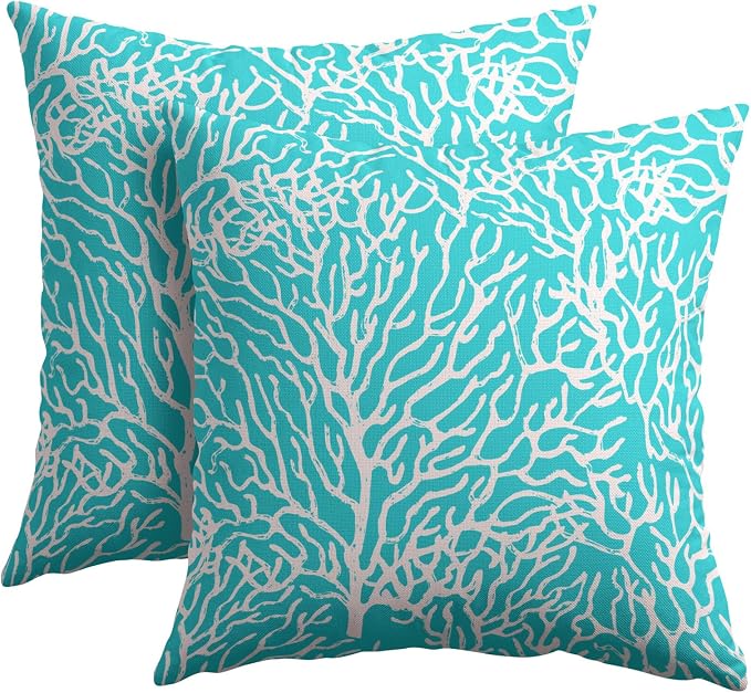 Nautical Coastal Coral Pillow Covers 18x18 Inch Set of 2 Summer Ocean Beach Aqua Teal Decorative Pillow Cases Outdoor Linen Cushion Cover Farmhouse Decor for Bedroom Home Sofa Couch Bed