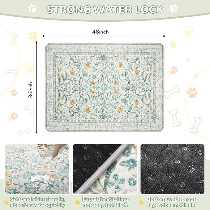 Lahome Washable Reusable Pee Pads for Dogs - Beige Botanical Floral 2 Pack Puppy Pads, Super Absorbent & Waterproof Training Mats for Crate & Floor - Leakproof with Non-Slip Backing (36"x48")