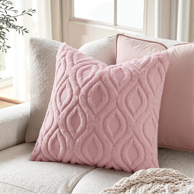MIULEE Light Pink Valentines Throw Pillow Covers 18x18 Inch, Soft Spring Plush Faux Wool Couch Pillow Covers Set of 2 Decorative Farmhouse Boho Throw Pillows for Sofa Living Room Bed | Set of 2, Farmhouse Boho Home Decor, Decorative Cushion Covers for ...