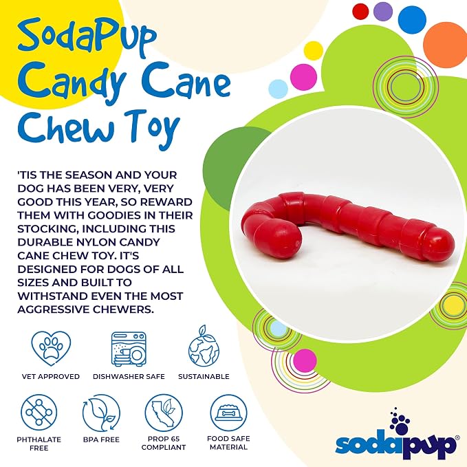 SodaPup Candy Cane – Durable Dog Chew Toy Made in USA from Non-Toxic, Pet Safe, Food Safe Nylon Material for Mental Stimulation, Clean Teeth, Fresh Breath, Problem Chewing, Calming Nerves, & More