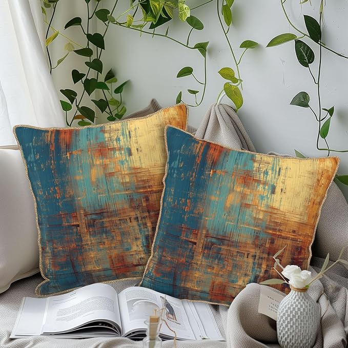 Vintage Abstract Teal Orange Velvet Pillow Covers 20x20 InchMessy Blue Rust Throw Pillows for Couch Cushion Covers Pillowcase Retro Colorful Art Pillow Cases for Sofa Bed Living Room