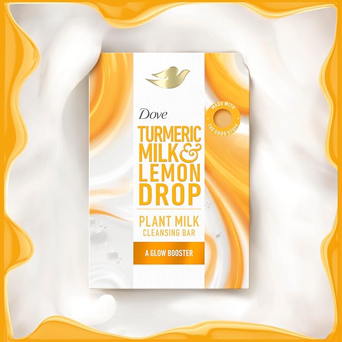 Dove Plant Milk Cleansing Bar Soap Turmeric Milk & Lemon Drop Glow Booster 4 Count for Moisturized Skin Gentle Cleanser, No Sulfate Cleansers or Parabens, 98% Biodegradable Formula 5 oz