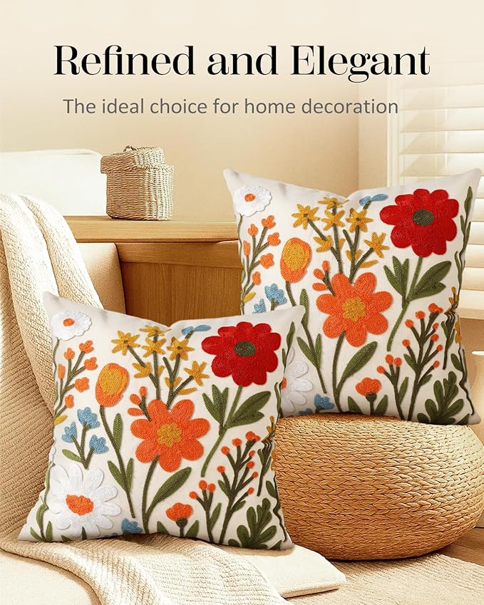 Embroidered Throw Pillow Covers 18x18 Inch, 2Pack, Flower Cluster | Decorative Pillow Covers Set of 2, Floral Cushion Cases with Hidden Zipper, Farmhouse Decor for Couch, Sofa, Living Room