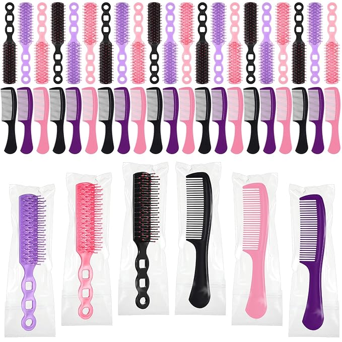 Baderke 48 Pcs Combs Set Bulk Hair Brushes for Homeless Individually Wrapped Hair Brush and Comb for Women Hotel Nursing Charity Travel(Multicolor)