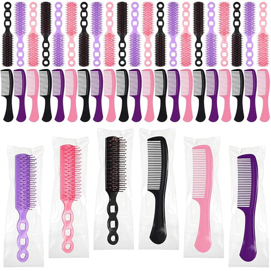 Baderke 48 Pcs Combs Set Bulk Hair Brushes for Homeless Individually Wrapped Hair Brush and Comb for Women Hotel Nursing Charity Travel(Multicolor)