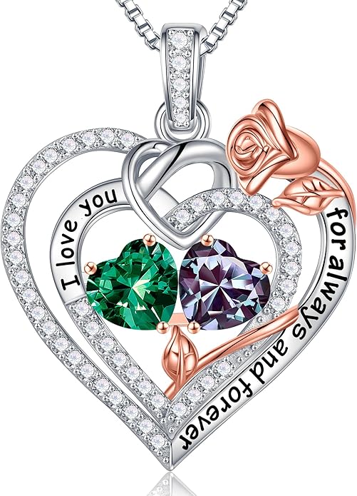 Iefil Valentines Day Gifts for Her Wife - 925 Sterling Silver Double Birthstone Necklace, Anniversary Birthday Gifts for Women, Jewelry Gift for Wife Girlfriend Mom Her