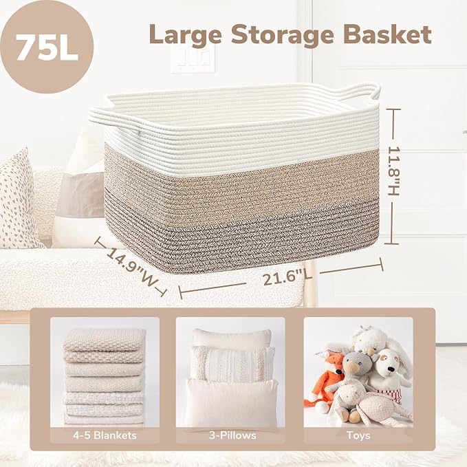 Goodpick Large Woven Rope Blanket Basket, Rectangle, Light Brown | 21.6'' x 14.9'' x 11.8'' Storage Basket for Toys, Blankets & Clothes, Living Room & Nursery Organization, Reinforced Handles