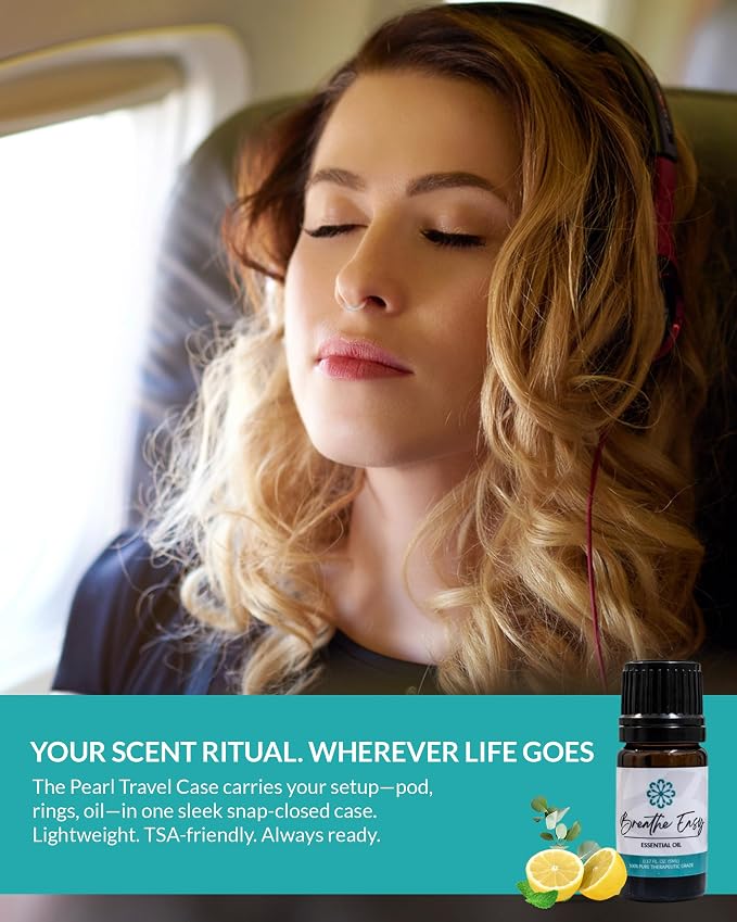 Essence Pearl Travel Case | Breathe Easy Essential Oil | Aromatherapy Nasal Diffuser & Essential Oil Carrying Case | Peppermint & Eucalyptus Blend | Travel-Friendly Kit | Black Pod