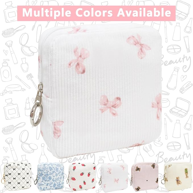 Period Bag for Girls, Corduroy Sanitary Napkin Storage Bag, Period Pouch & Tampon Holder, Feminine Care Organizer（Pink Bow）