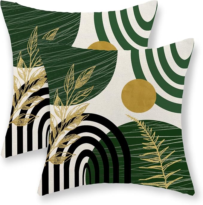 Boho Green Pillow Covers 18x18 Set of 2 Green Gold Leaf Tropical Decor Mid Century Throw Pillows Outdoor Bohemian Decorative Pillowcase Farmhouse Abstract Modern Cushion Case for Couch Sofa
