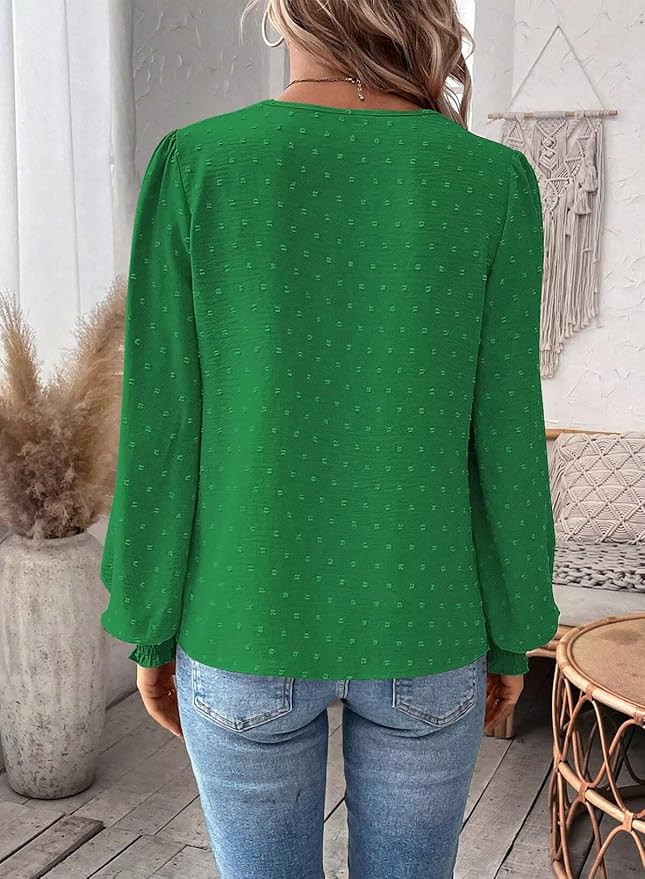 Womens Tops Swiss Dot Boho Long Sleeve Shirts V Neck Casual Chiffon Blouses Flowy Lace Hem Cute Clothing Trendy 2026