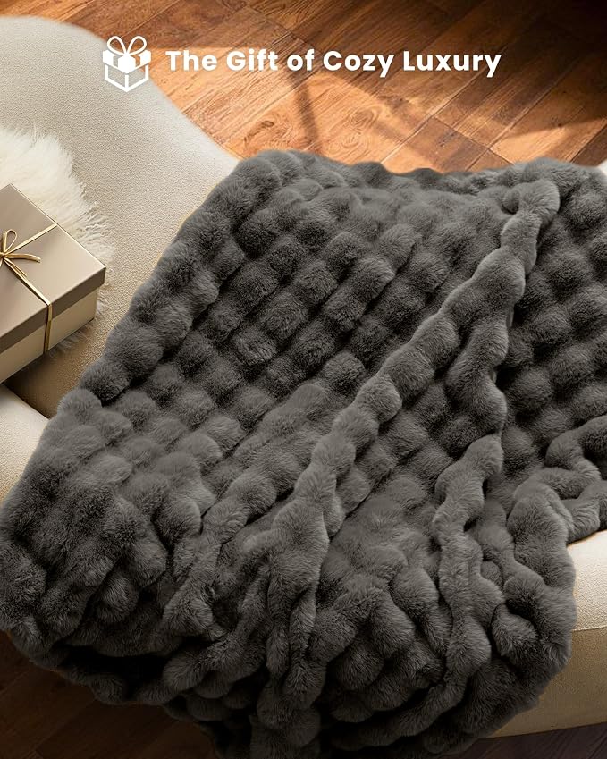 Ultra Soft Cozy Faux Fur Throw Blanket, Fuzzy Plush Thick Bubble Blanket, Oversize Luxury Fluffy Blanket for Couch, Bed, and Living Room, 60x80 Inches, Dark Grey Taupe