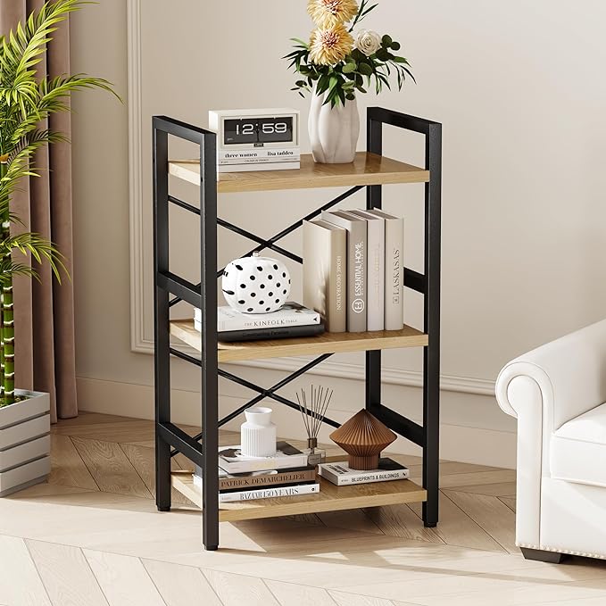 Homeiju Bookshelf, 3 Tier Industrial Bookcase, Metal Small Bookcase, Rustic Etagere Book Shelf Storage Organizer for Living Room, Bedroom, and Home Office(Light Coffee) Patent Pending D29873033