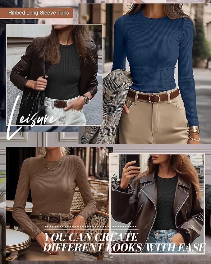 Ficerd 3 Pack Women's Ribbed Long Sleeve Tops, Crew Neck Slim Fit Undershirts Knit Basic Casual Stretch Layering Tee Shirts