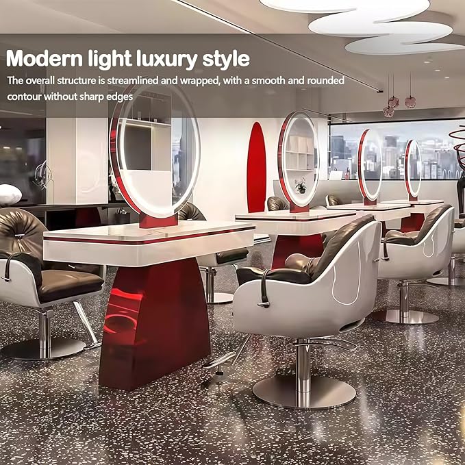 2-Person Salon Station for Hair Stylist with Retro-Futuristic Style, Barber Station includes LED Round Mirror, Red Metal Design, for Beauty Salon