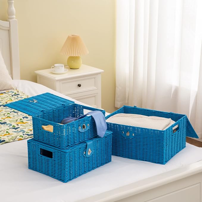 Set of 3 Woven Wicker Storage Basket Box with Lids & Lock, Built-in Carry Handles, Multifunctional Storage Organizer for Nursery, Baby, Clothes, Toys, Books, Large/Medium/Small Size (Blue)