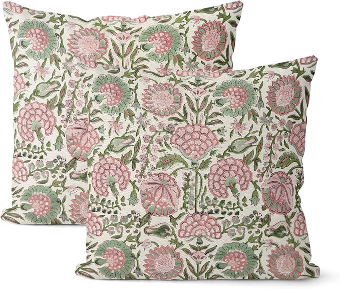 Block Print Pillow Covers 18x18 Inch Pack Of 2 Boho Pink Green Floral Decor Throw Pillow Covers Spring Summer Flower Pillowcase Outdoor Farmhouse Decorative Square Cushion Cover for Sofa Couch