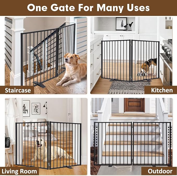 Folding Metal Freestanding Dog Gates Indoor Extra Wide 52" 2 Panels | Heavy Duty Free standing Dog Gate Outdoor - Auto Close, Foldable Pet Fence – Anti-Topple Stability Feet (2 Panels, Black)