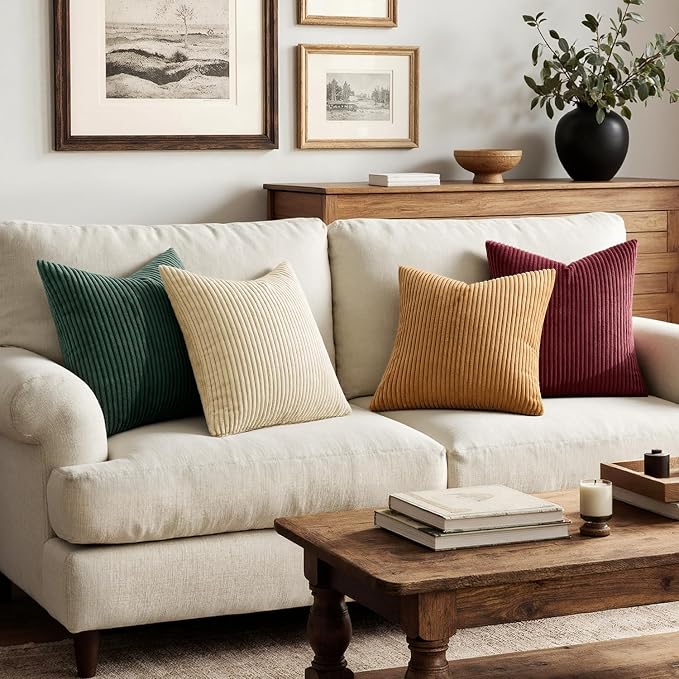 MIULEE Corduroy Decorative Throw Pillow Covers Christmas Red Green 18x18 | Set of 4, Mordern Nordic Christmas Decor, Green Red Accent Set, Boho Farmhouse Cushion Covers for Couch Bed Sofa Living Room