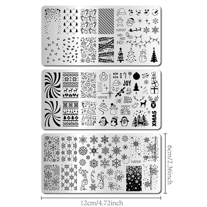 Arbuya Christmas Nail Art Stamping Plates Set of 3 - Snowflakes Snowman Reindeer Baubles Holly Leaves Penguins Stainless Steel Manicure Art Tools for DIY Print Manicure Salon Design Gift Supplies