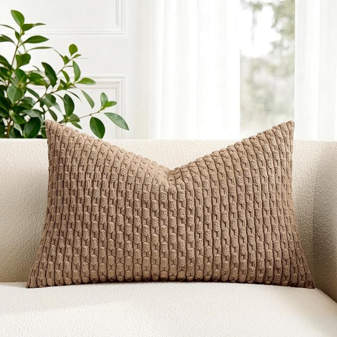 Kevin Textile Soft Corduroy 14"x24" Lumbar Pillow Cover 1 Pack, Khaki | Boho Stripe Plush Corduroy Decorative Oblong Cushion Cover Modern Farmhouse Home Decor for Sofa Couch Bed Chair