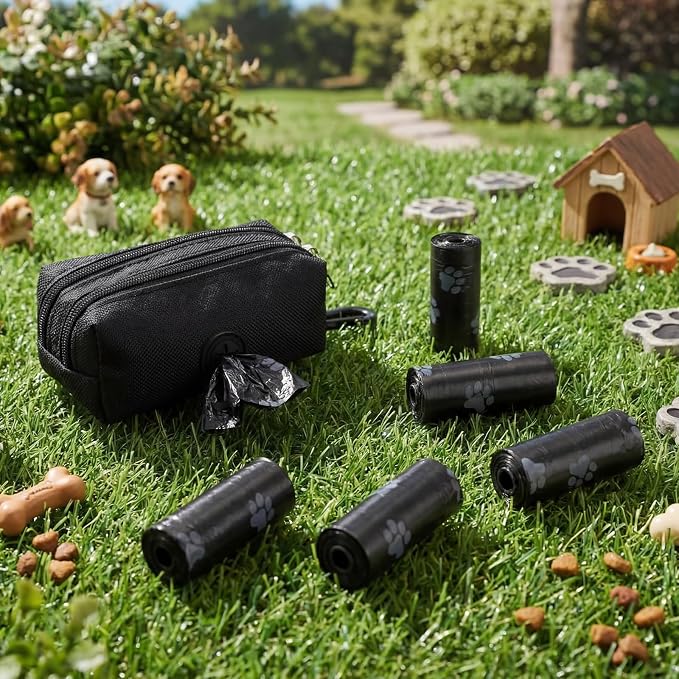 Hushee Black Dog Poop Bag Holder for Leashes Fabric Dog Poop Bag Dispenser and Treat Holder with 20 Rolls Pet Waste Pouches