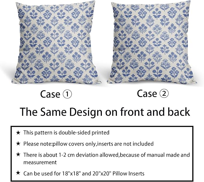 Blue Floral Pillow Covers 24x24 Inch Set of 2, Vintage Flower Block Print Pattern Decorative Throw Pillowcases Outdoor Farmhouse Cushion Covers Spring Summer Rustic Decoration Sofa Couch Bed Decor
