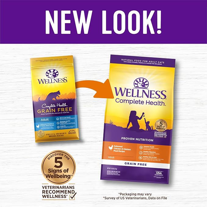 Wellness Complete Health Adult Dry Cat Food, Natural, Grain Free Kibble, Chicken Recipe, 11.5 lb Bag