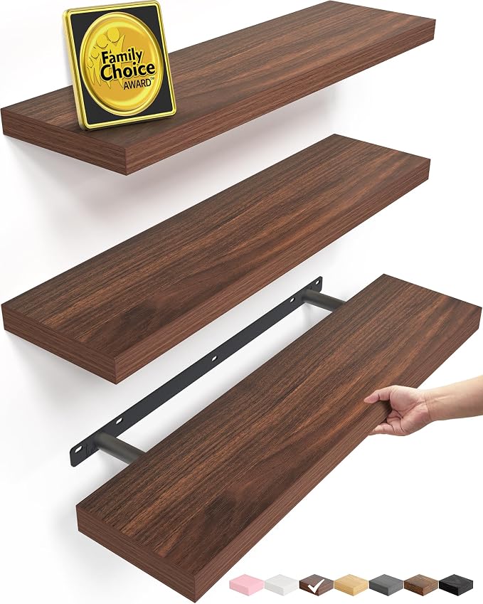 BAYKA Walnut-Like Floating Shelves 22.5in, 3Pack, Wall Mounted Wall Decor | Easy Install, 22lbs Max Load, Hidden Bracket, Shelf for Bathroom Bedroom Kitchen Books Display Storage, Multi-Wall Compatible
