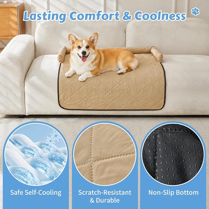 Cooling Dog Bed Mats with Neck & Head Support, 35.43 x31.5 inch Khaki | for Small and Medium Dogs & Cats, Non-Slip, Machine Washable, Protects Sofa from Fur & Scratches