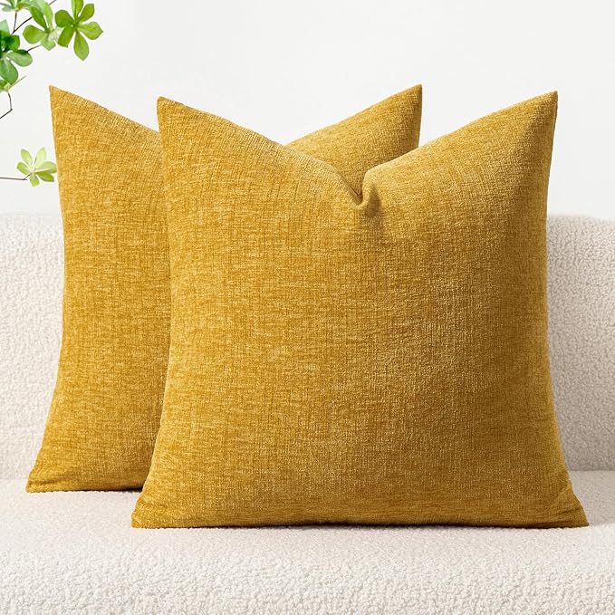 MIULEE Soft Chenille Throw Pillow Covers Mustard Yellow 20x20 Pack of 2 | Modern Home Decor, Classic Decorative Pillows, Solid Dyed Cases, Boho Couch Cushion Covers for Sofa Bed Living Room
