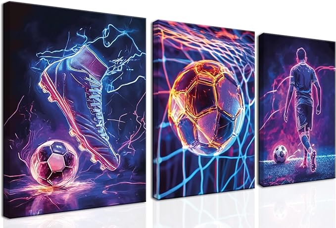 Cool Soccer Gaming Wall Art Set of 3, Neon Video Gamer Canvas Pictures, Colorful Soccer Game Painting Prints for Boys Room, Gaming Room Decor for Kids Gamer Room 16x24 inch Framed