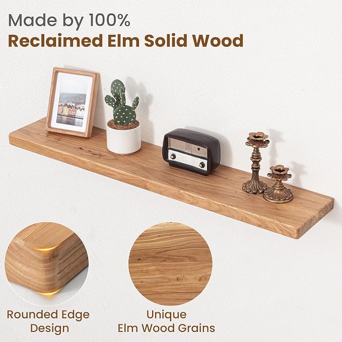 Floating Shelves for Wall, 40"Wx8"D Rustic Solid Elm Wood Floating Shelves Wall Mounted, Round Edge Wall Shelves with Invisible Bracket for Living Room Bathroom Bedroom Kitchen, Set of 2, Natural