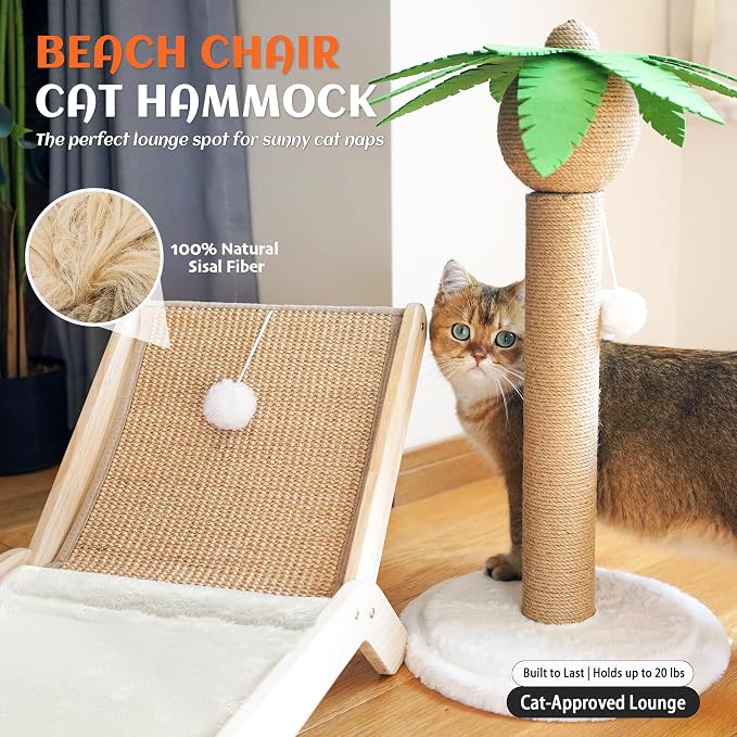 PETKARAY Beach Chair Cat Hammock, Elevated Cat Beds for Indoor Cats, Original Cozy Lounger with Sisal Scratcher and Toy Ball