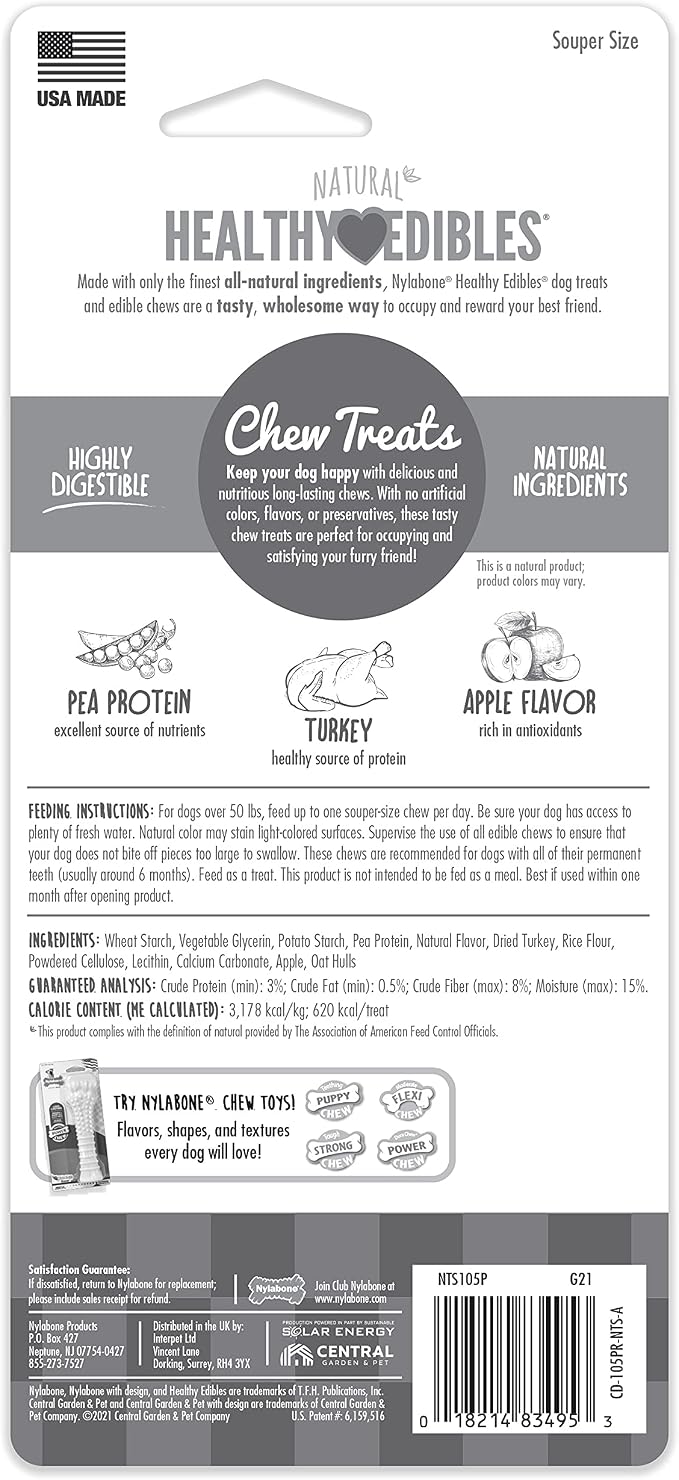 Nylabone Healthy Edibles Dog Treats, Turkey & Apple Flavor, X-Large | Natural dog chews, occupying & long lasting dog treats, made in the USA, with real turkey, dog bones for large dogs 50+ lbs