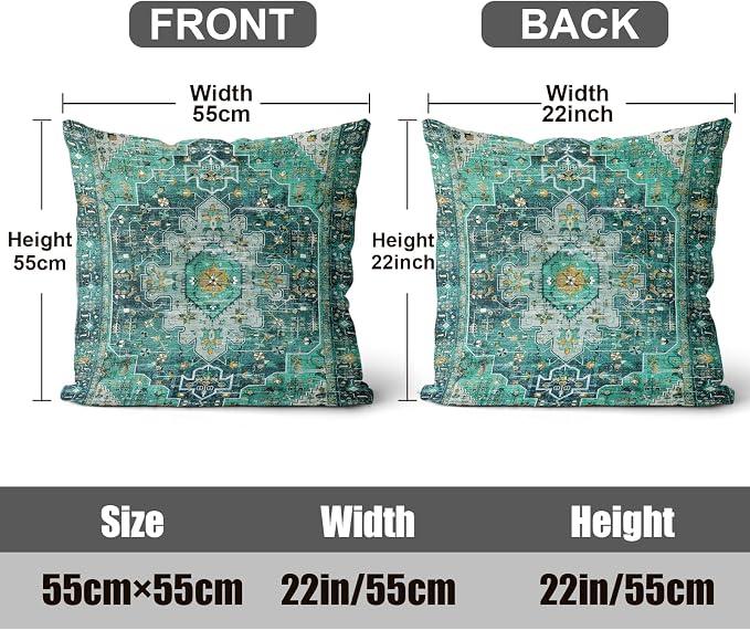 Boho Throw Pillow Covers 22x22 inch Set of 2,Soft Pillowcases Bohemia Carpet Printing Pattern Decorative Sofa Living Room Bed Square Pillow Case Cushion Cover-Cyan