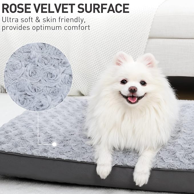 KSIIA Washable Dog Crate Bed Waterproof for Medium Dogs,29x18 in,Light Gray | 3in egg crate foam,orthopedic support,Soft rose velvet,3ply waterproof fabric,removable cover,anti-slip base,washable