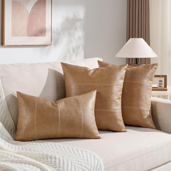 Fancy Homi Light Brown Boho Long Square Faux Leather Decorative Throw Pillow Covers 20x20 Inch for Living Room Couch Bed Sofa, Hand Stitched Cushion Case, Rustic Modern Farmhouse Home Decor